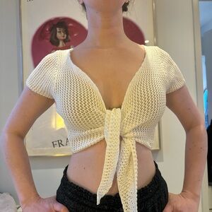 Cream Knit Tie-Front Top